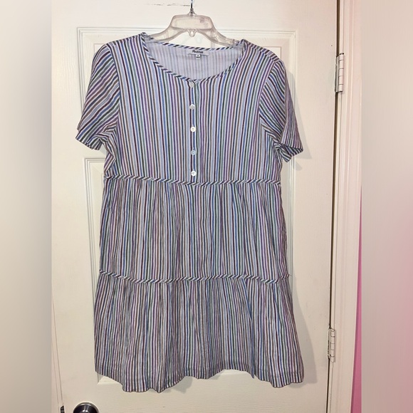 Madewell Women's Rainbow Striped Crewneck Button Front Tiered Mini Dress Size M - Picture 2 of 5